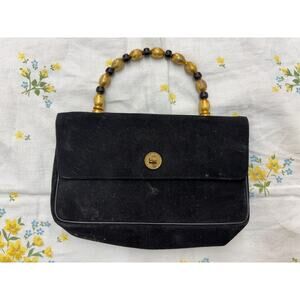 Vintage Black Suede Handbag Gold Turn Lock Beaded Handle Mid Century Vintage